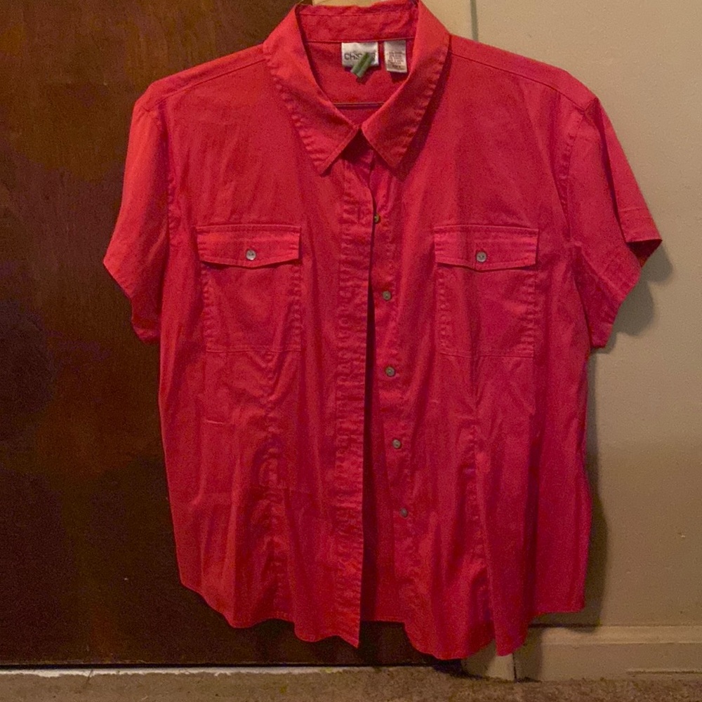 Short sleeve button up. It’s stretchy and can be casual or dressy.